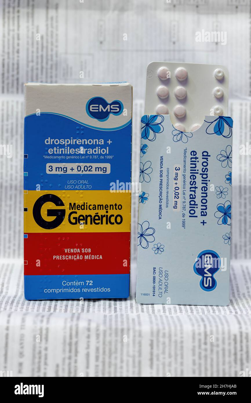 Cassilandia, Mato Grosso do Sul, Brazil - 11 20 2021: box of generic contraceptive drug ethinylestradiol and Drospirenone in portuguese Stock Photo
