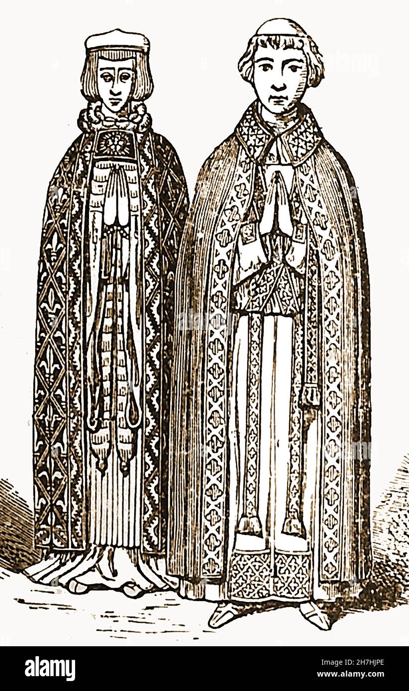 1896 historic engraving - Dr Robert Langton (left) , Queen's College,Oxford and another figure, both wearing a COPE,  a liturgical vestment in the form of a long mantle or cloak, open in front and fastened at the chest with a band or clasp. Originally, a hood was attached to the neck, later replaced by a shield-shaped piece of material,  restored in the 20th century. It is used by Roman Catholic and some Anglican clergy at non-eucharistic functions. Stock Photo