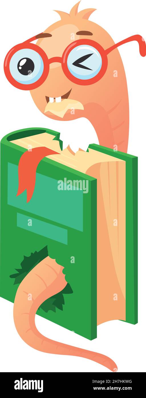 Fun bookworm. Cartoon pink worm or caterpillar gnaws and eats book