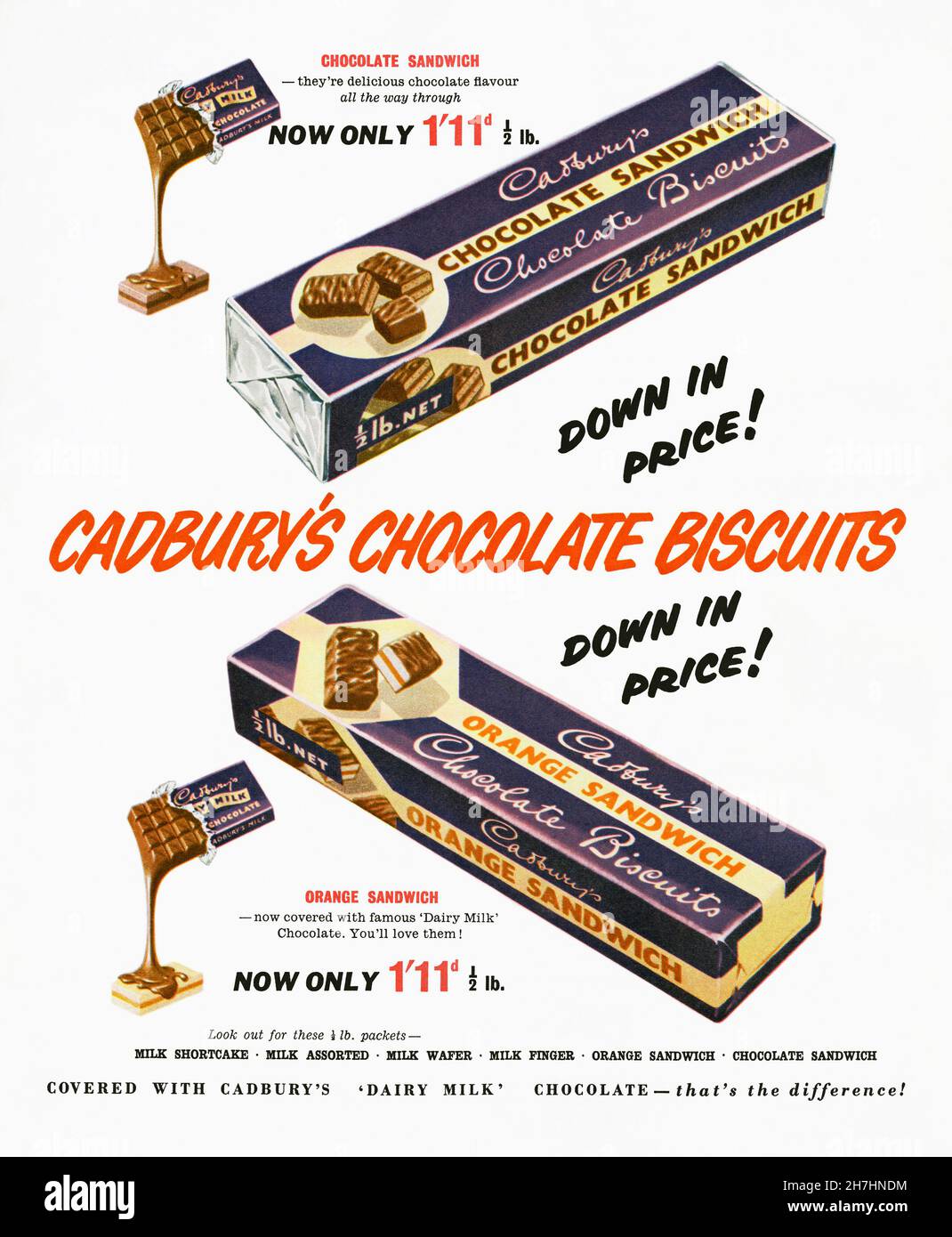 A 1950s advert for Cadbury’s chocolate biscuits. The advert appeared in a magazine published in the UK in November 1955. The advert features images of two types of the ‘Dairy Milk’ coated sandwich-type confectionery from British manufacturer J S Cadbury – vintage 1950s graphics for editorial use. Stock Photo