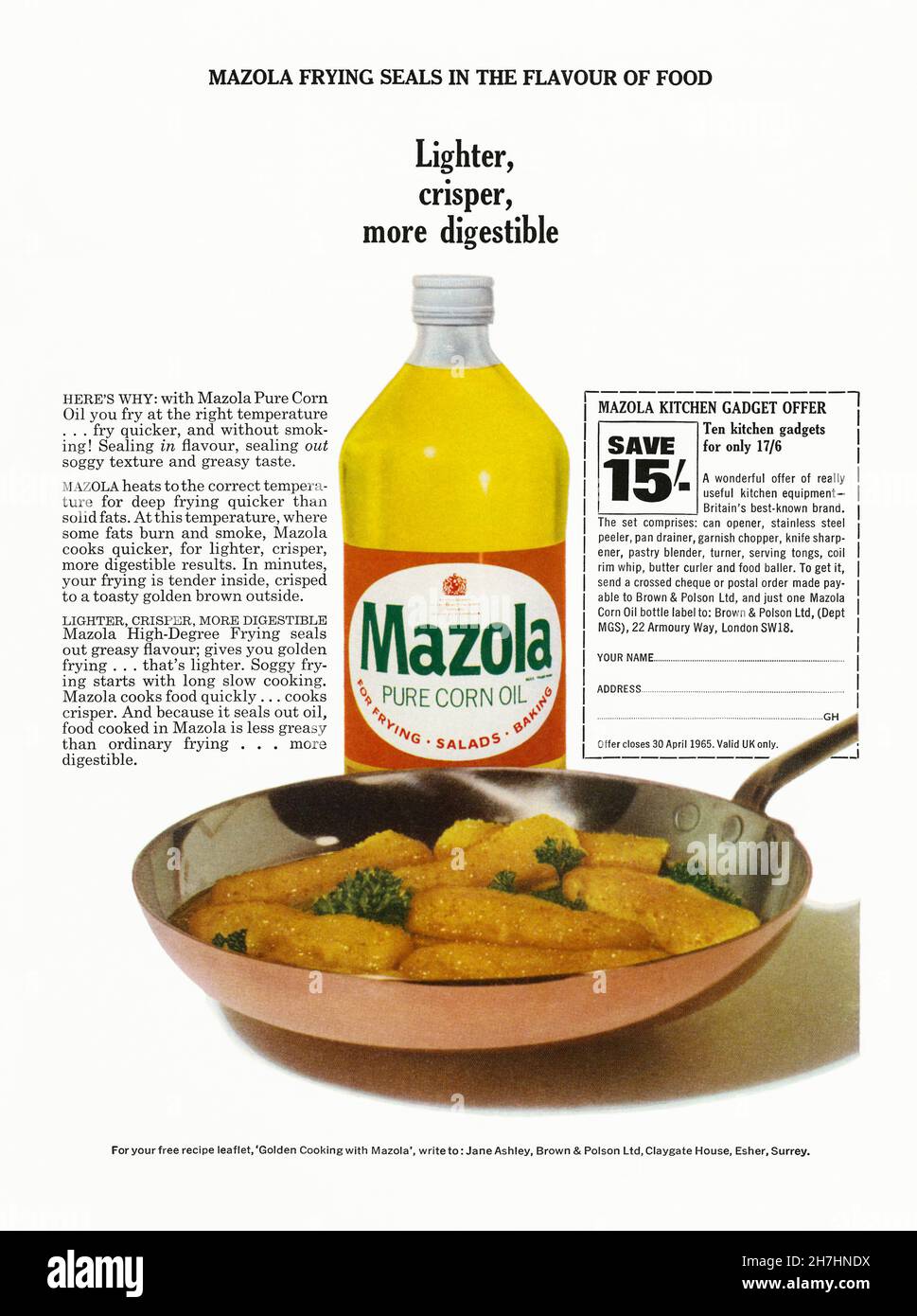 A 1960s advert for Mazola pure corn oil. The advert appeared in a magazine published in the UK in March 1965. The advert features a photograph of the product used to fry some fritters and emphasises the oil’s lighter and more digestible characteristics and its advantages over using solid fats. It was manufactured by Brown and Polson Ltd – vintage 1960s graphics for editorial use. Stock Photo