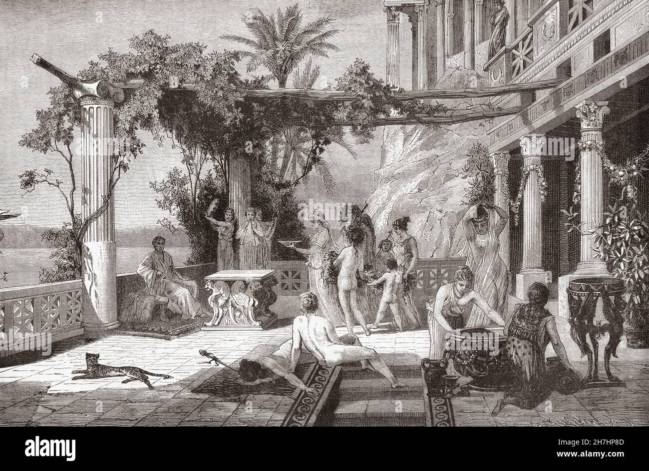 Tiberius at his villa on the island of Capri, he spent many of his final years there.  Tiberius Caesar Augustus,  42 BC – AD 37.  Second Roman emperor.  From Cassell's Illustrated Universal History, published 1883. Stock Photo