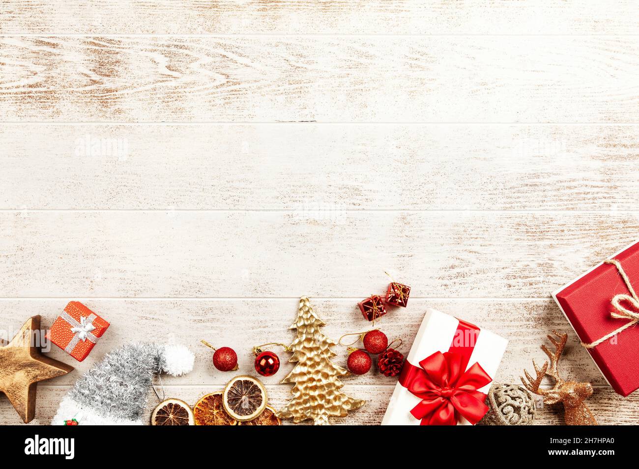 Christmas background with gift boxes on wooden table Stock Photo
