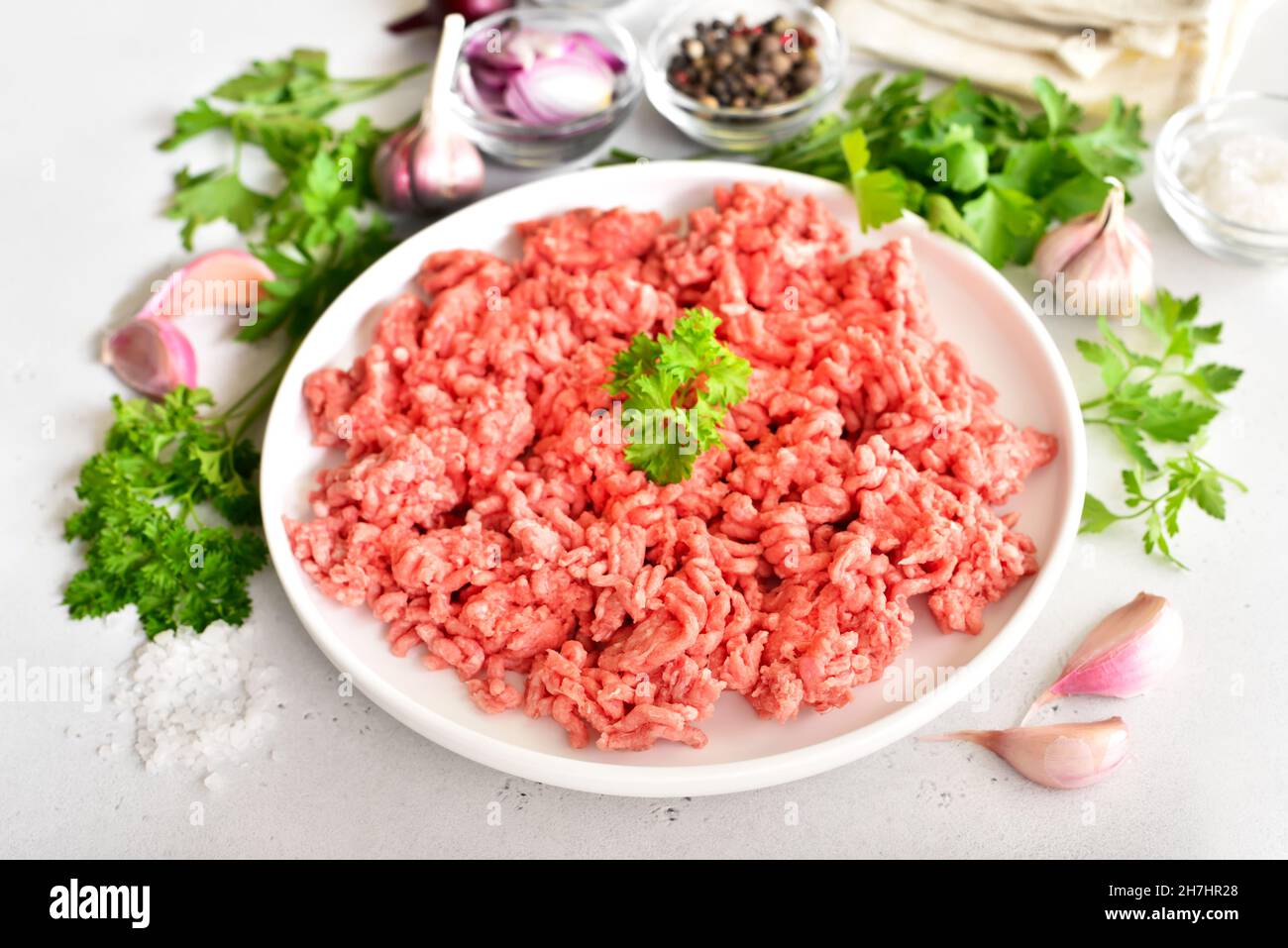 Raw beef minced meat on plate Stock Photo