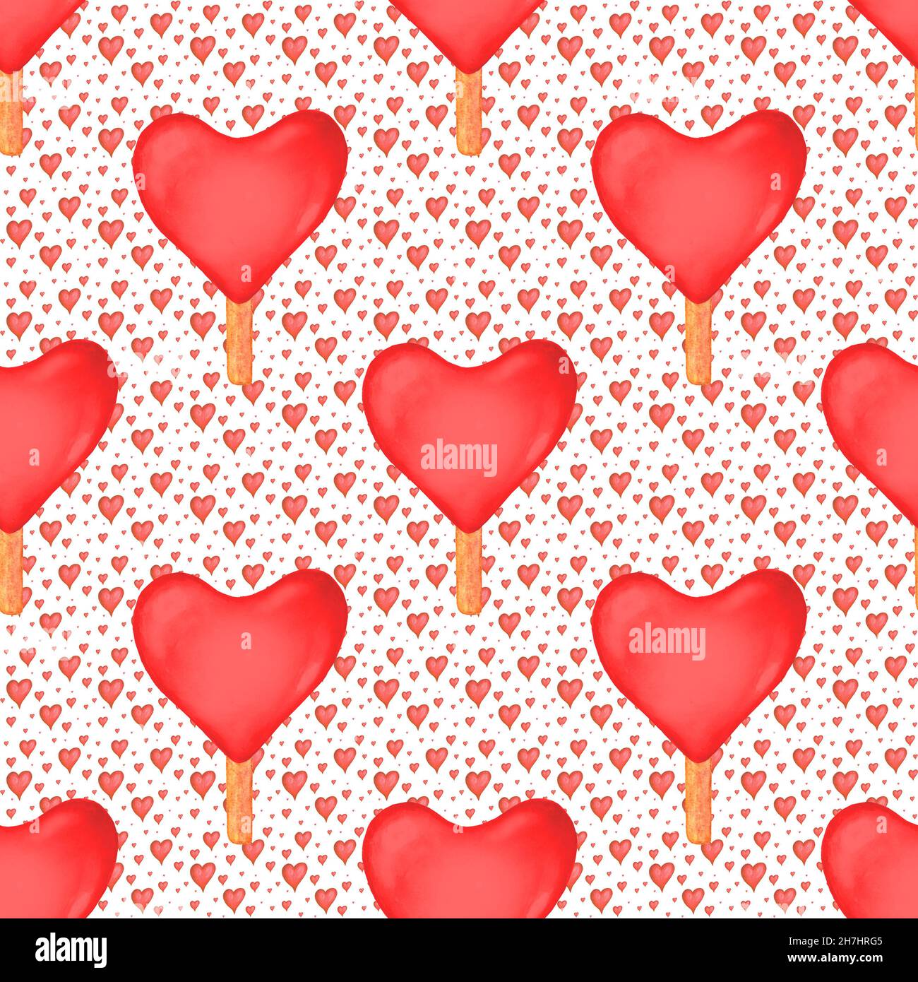 Seamless pattern with watercolor red hearts ice creams on white ...
