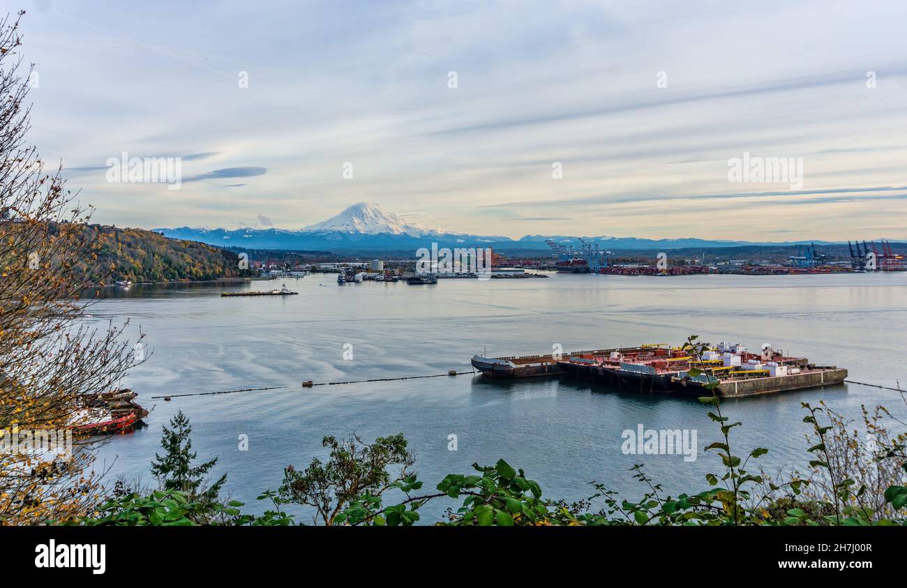 The Port of Tacoma and Mount Rainier in Washington State Stock Photo ...