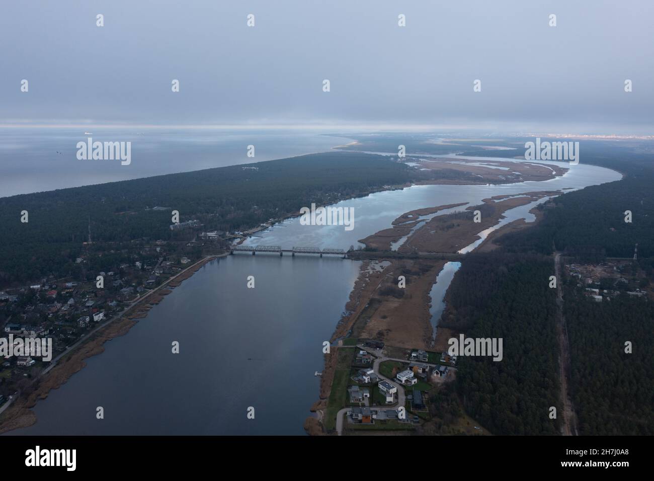 aerial view of the curve of estuary , mouth of the river Stock Photo