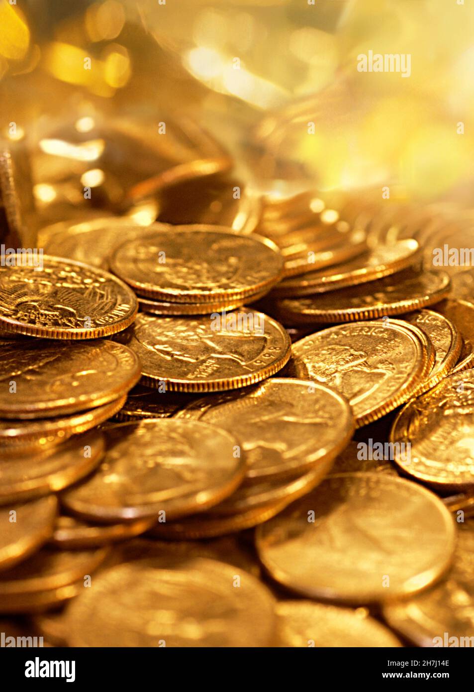 Making money. Gold coins close up. Inflation. Golden coin collection still life. Collection of coins in a pile. Spending money. Wealth and success Stock Photo