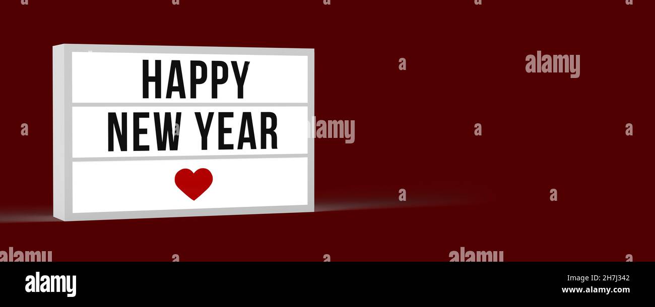 3D rendered light box with HAPPY NEW YEAR text message and a red heart symbol on burgundy background with shadow and copy space. Greeting note. Stock Photo
