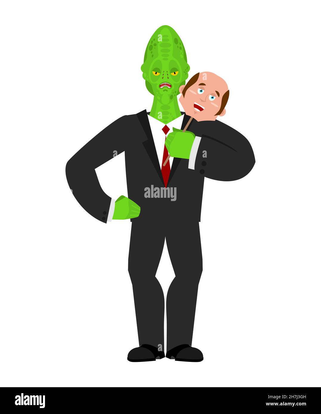 Reptilian disguised as human. Alien land invaders. Reptilian conspiracy theory. reptiloid humanoid beings from another planet with green skin. theory Stock Vector