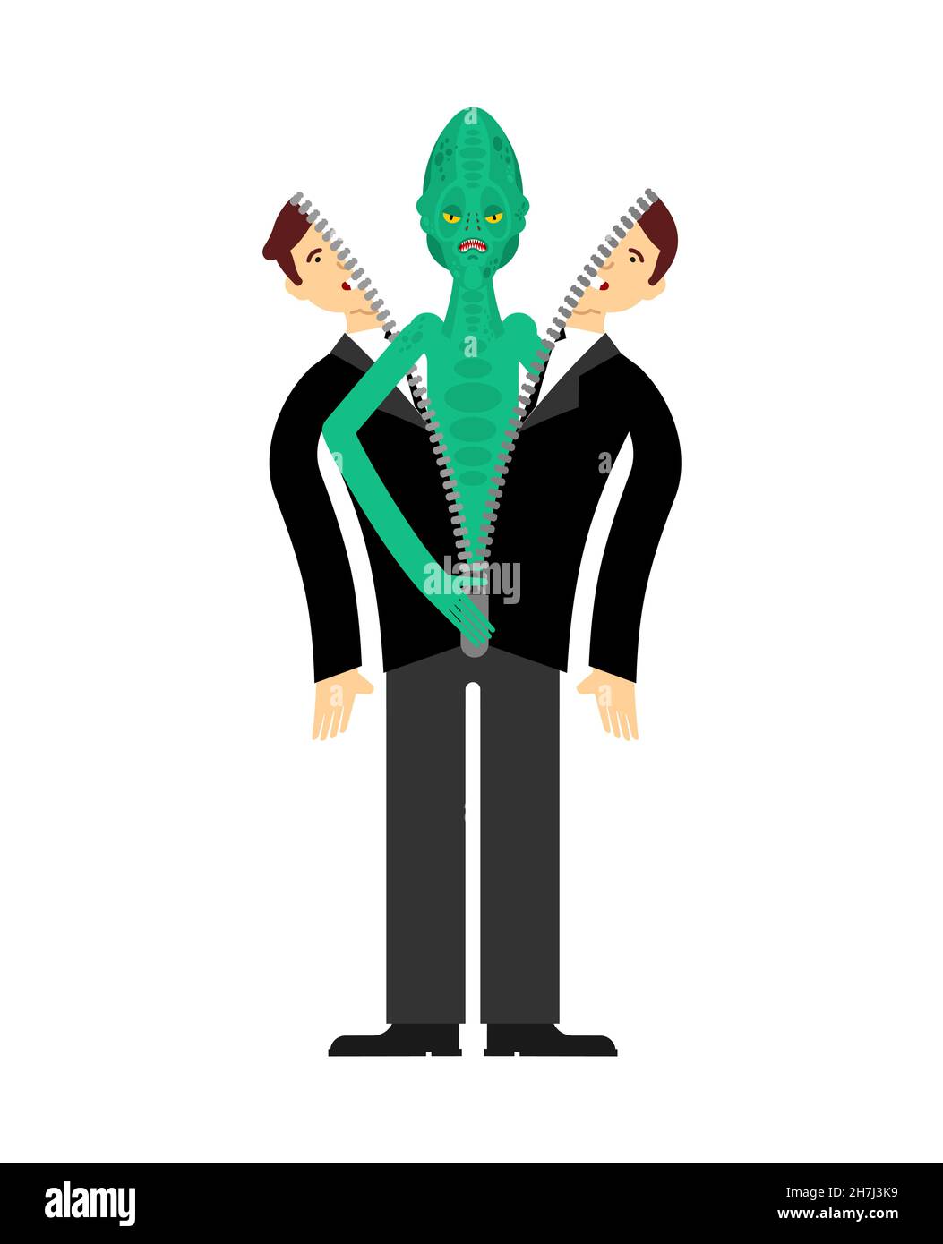 Reptilian Inside Man. Alien land invaders. Reptilian conspiracy theory. reptiloid humanoid beings from another planet with green skin. theory secret g Stock Vector