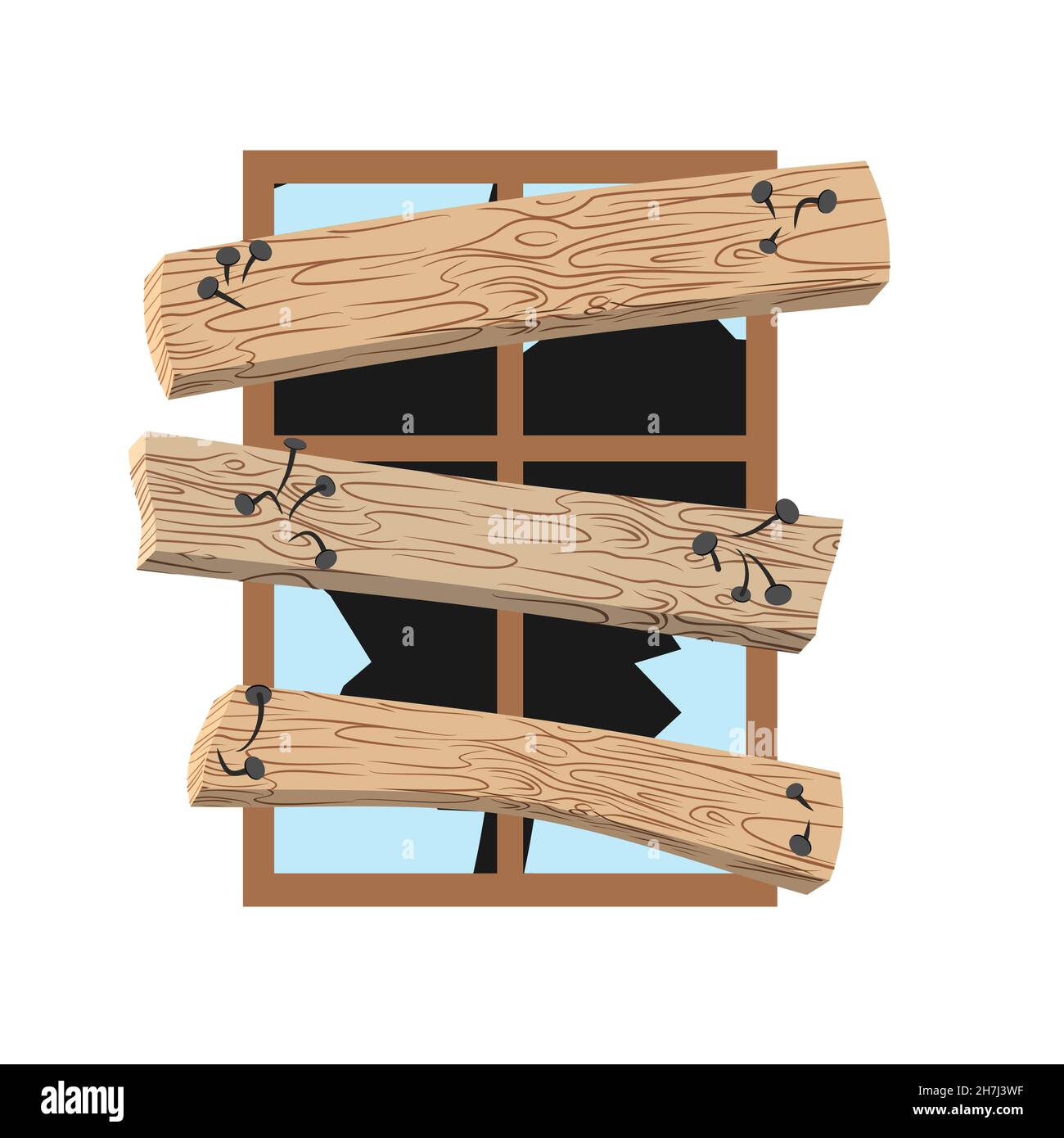 Broken and boarded up window. Abandoned house window Stock Vector