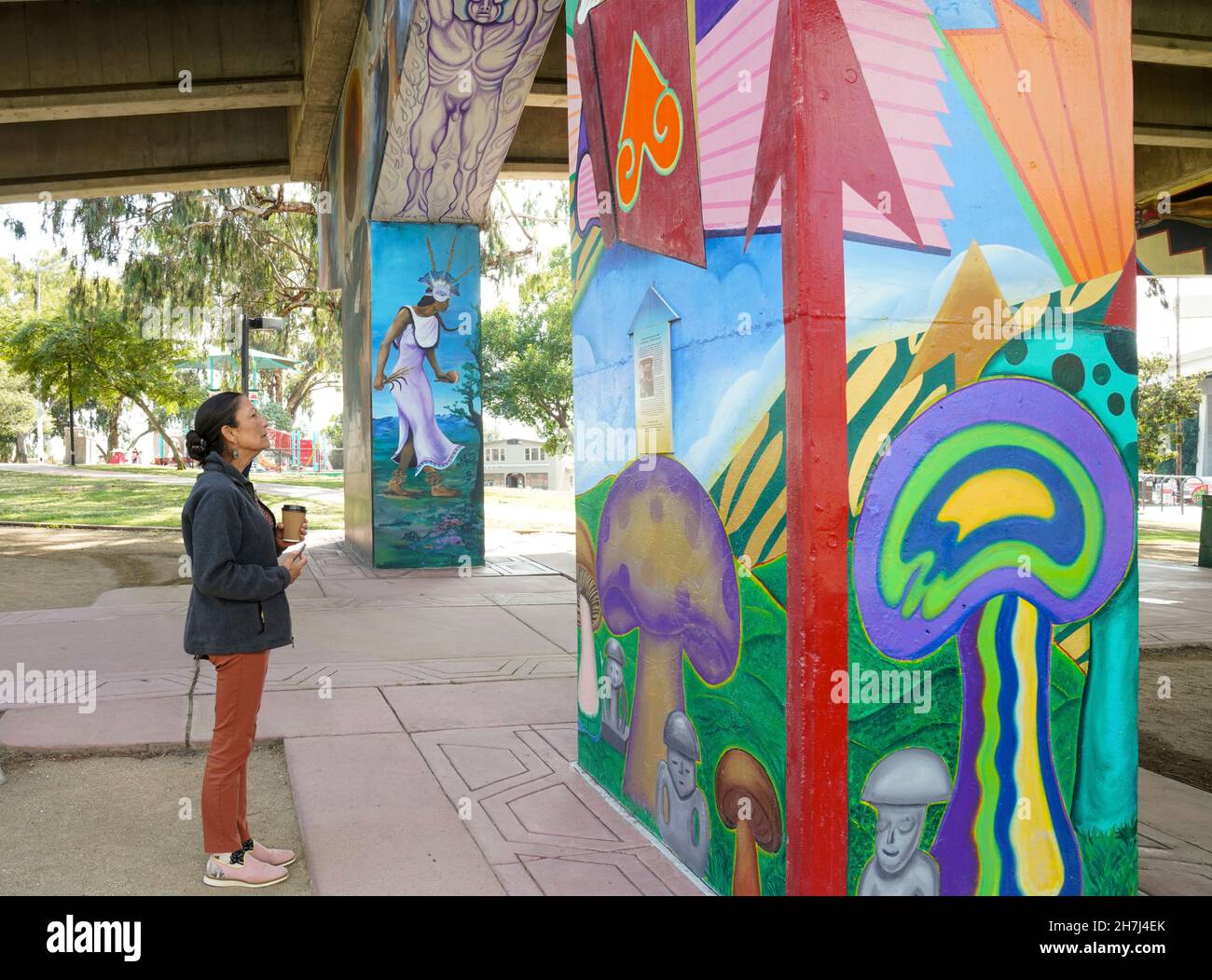 San Diego, United States of America. 28 September, 2021. U.S Interior Secretary Deb Haaland tours the historic murals at Chicano Park September 28, 2021 in San Diego, California. The park located under the San Diego- Coronado Bridge contains the largest collection of outdoor murals in the United States.  Credit: Tami A. Heilemann/U.S. Interior Department/Alamy Live News Stock Photo