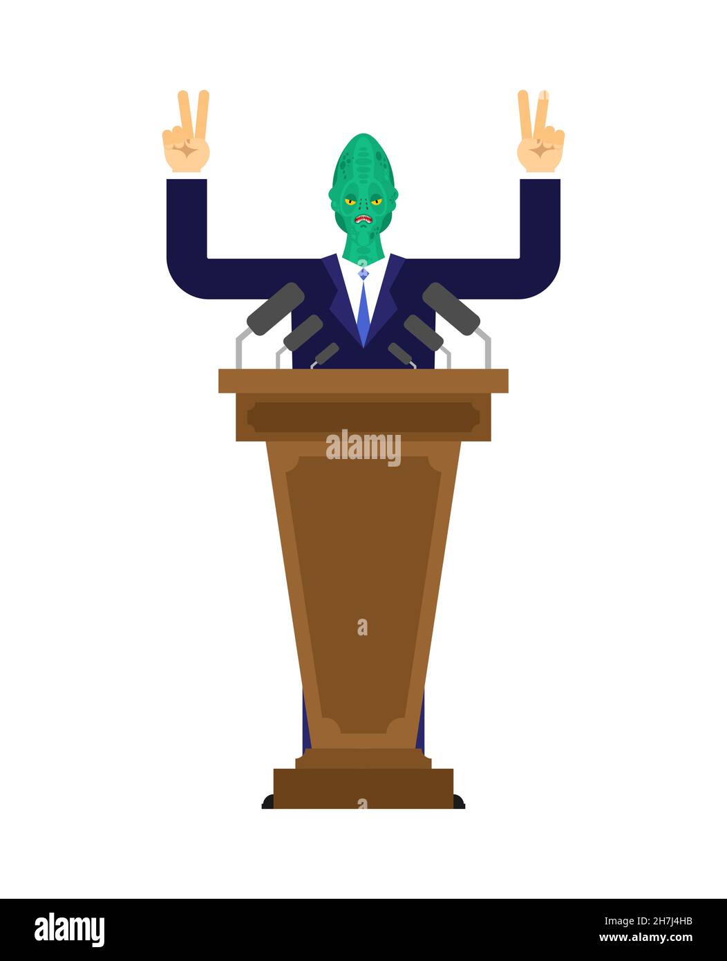 Reptilian speaks from podium. Alien land invaders. Reptilian conspiracy theory. reptiloid humanoid beings from another planet with green skin. theory Stock Vector