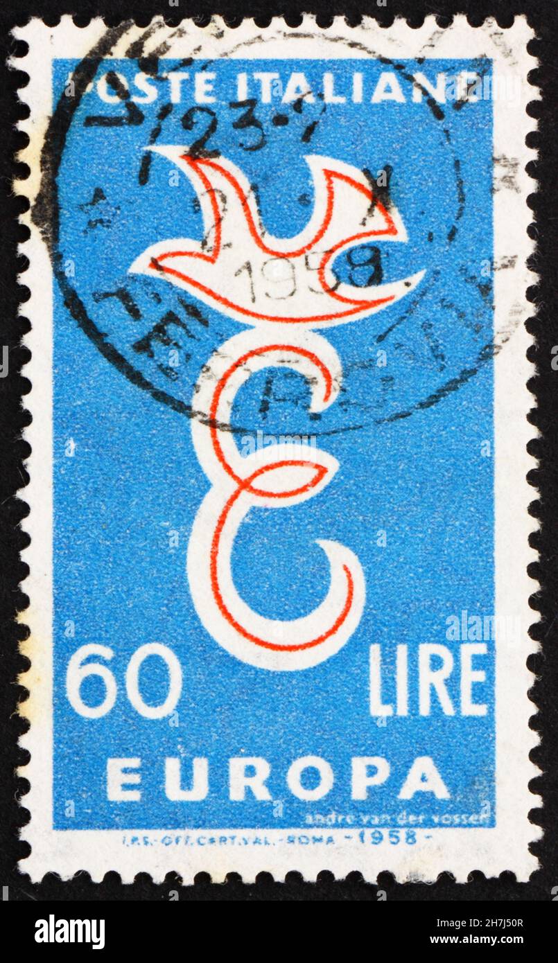 ITALY - CIRCA 1958: a stamp printed in the Italy shows E and Dove, European Integration, circa 1958 Stock Photo