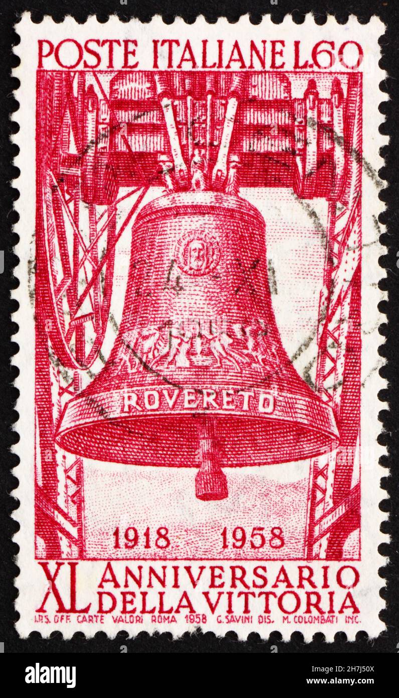 ITALY - CIRCA 1958: a stamp printed in the Italy shows War Memorial Bell of Rovereto, 40th Anniversary of Italy’s Victory in World War I, circa 1958 Stock Photo