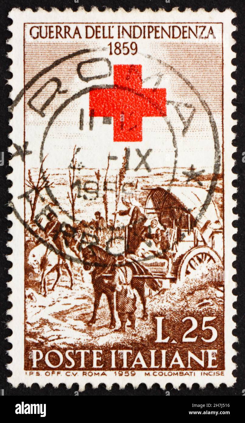 ITALY - CIRCA 1959: a stamp printed in the Italy shows After the Battle of Magenta, painting by Giovanni Fattori and Red Cross, Centenary of the War o Stock Photo