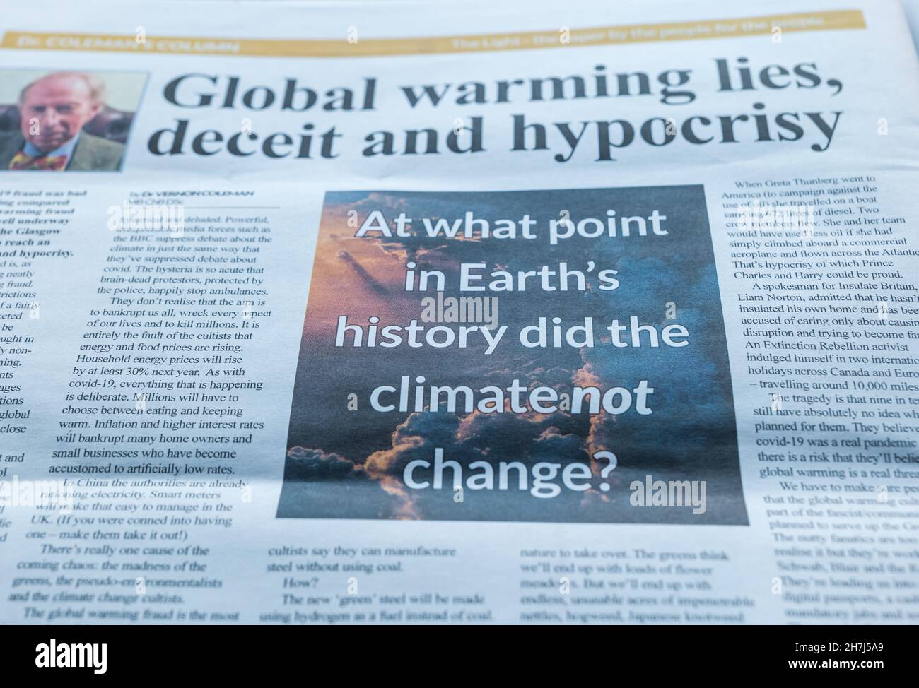 Dr Vernon Coleman column about climate change and global warming in conspiracy theory newspaper The Light published by Darren Smith Stock Photo
