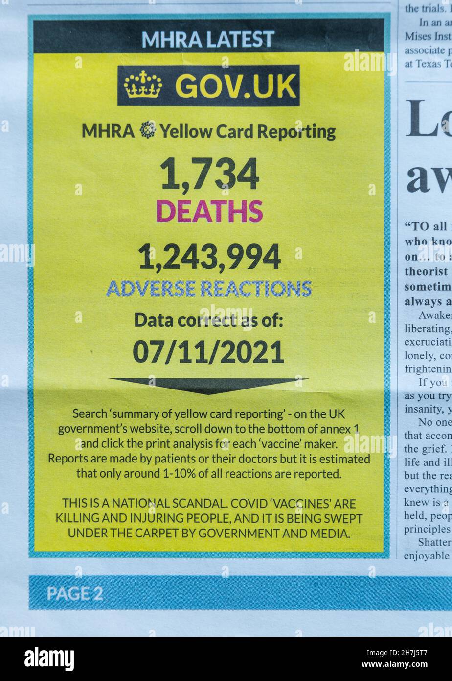 Covid anti-vaccination conspiracy theory reporting of deaths and adverse reactions in The Light free newspaper published by Darren Smith Stock Photo