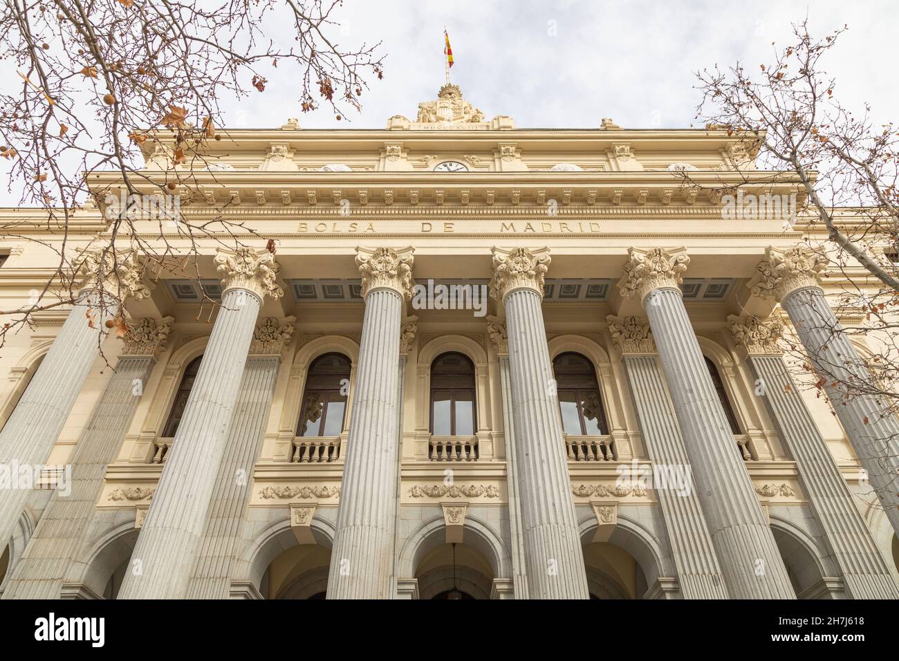 Madrid, Spain - Dec 27, 2020: Access area and facade of the main entrance of the building that houses the Madrid Stock Exchange, with its characterist Stock Photo