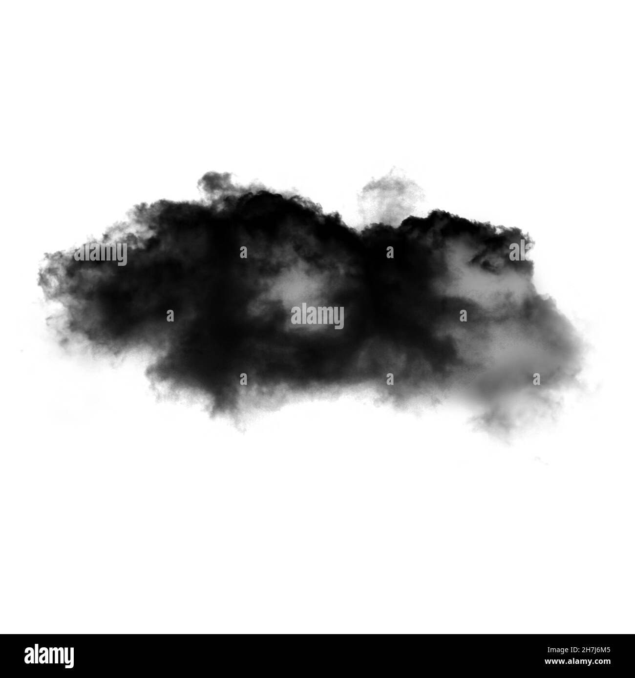 Single black cloud of smoke isolated over white background. Ink spot or