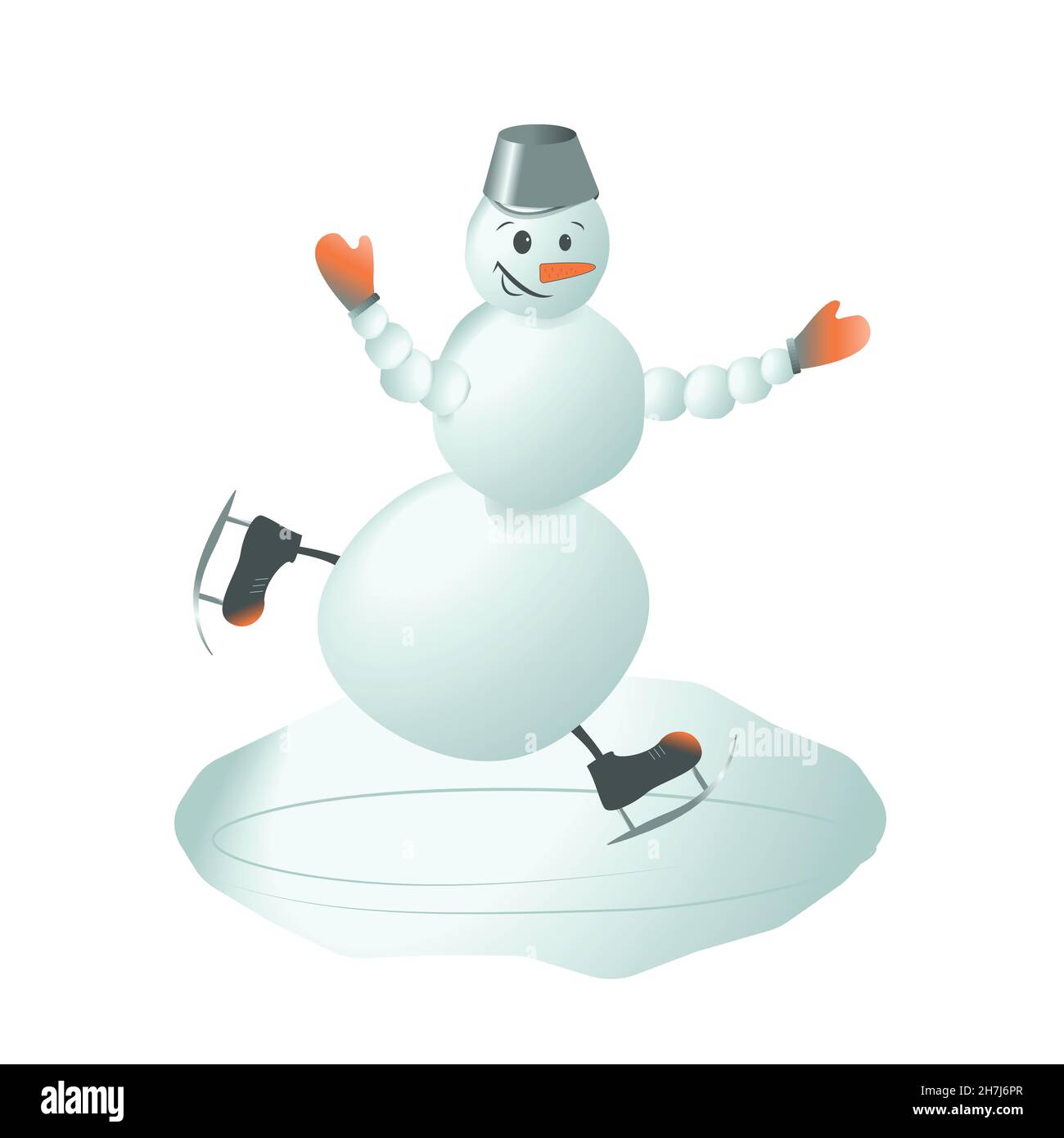 a joyful snowman with a bucket on his head glides merrily on skates ...