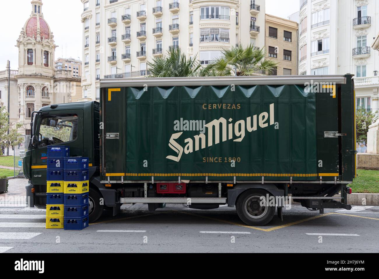 VALENCIA, SPAIN - NOVEMBER 19, 2021: San Miguel is a Spanish brewing company based in Malaga, Andalucia, Spain Stock Photo