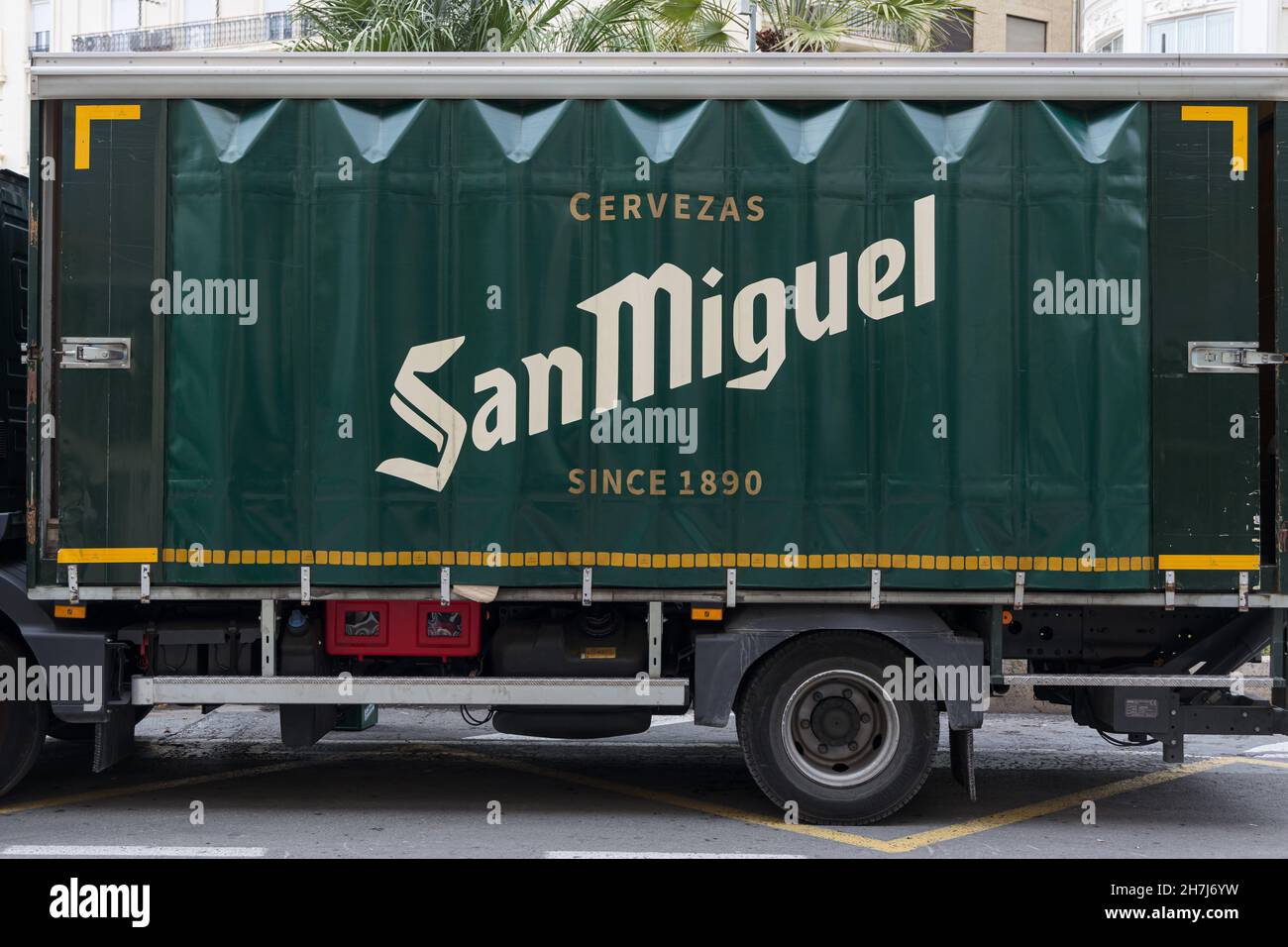 VALENCIA, SPAIN - NOVEMBER 19, 2021: San Miguel is a Spanish brewing company based in Malaga, Andalucia, Spain Stock Photo