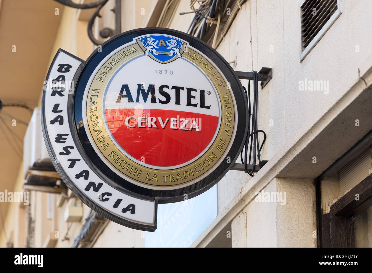 VALENCIA, SPAIN - NOVEMBER 23, 2021: Amstel is a Dutch brewery founded in 1870, owned by Heineken International since 1968 Stock Photo