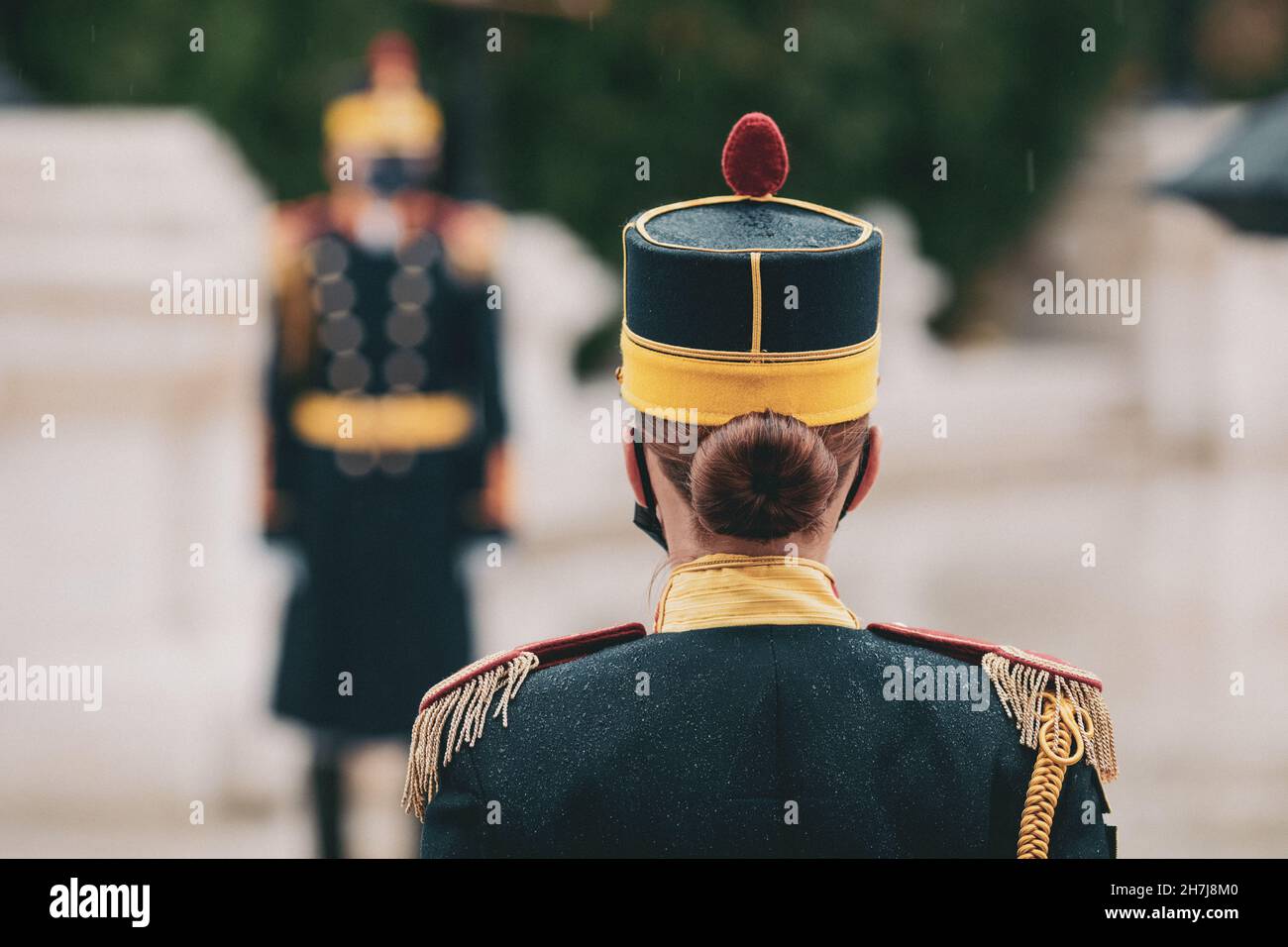 Bucharest, Romania - 23 November, 2021: Shallow depth of field (selective focus) image with Michael the Brave 30th Guards Brigade female soldier durin Stock Photo