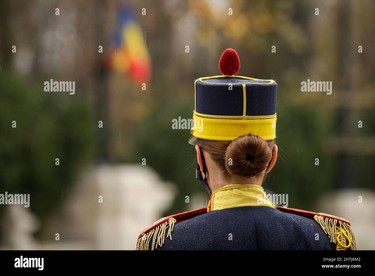 Bucharest, Romania - 23 November, 2021: Shallow depth of field (selective focus) image with Michael the Brave 30th Guards Brigade female soldier durin Stock Photo