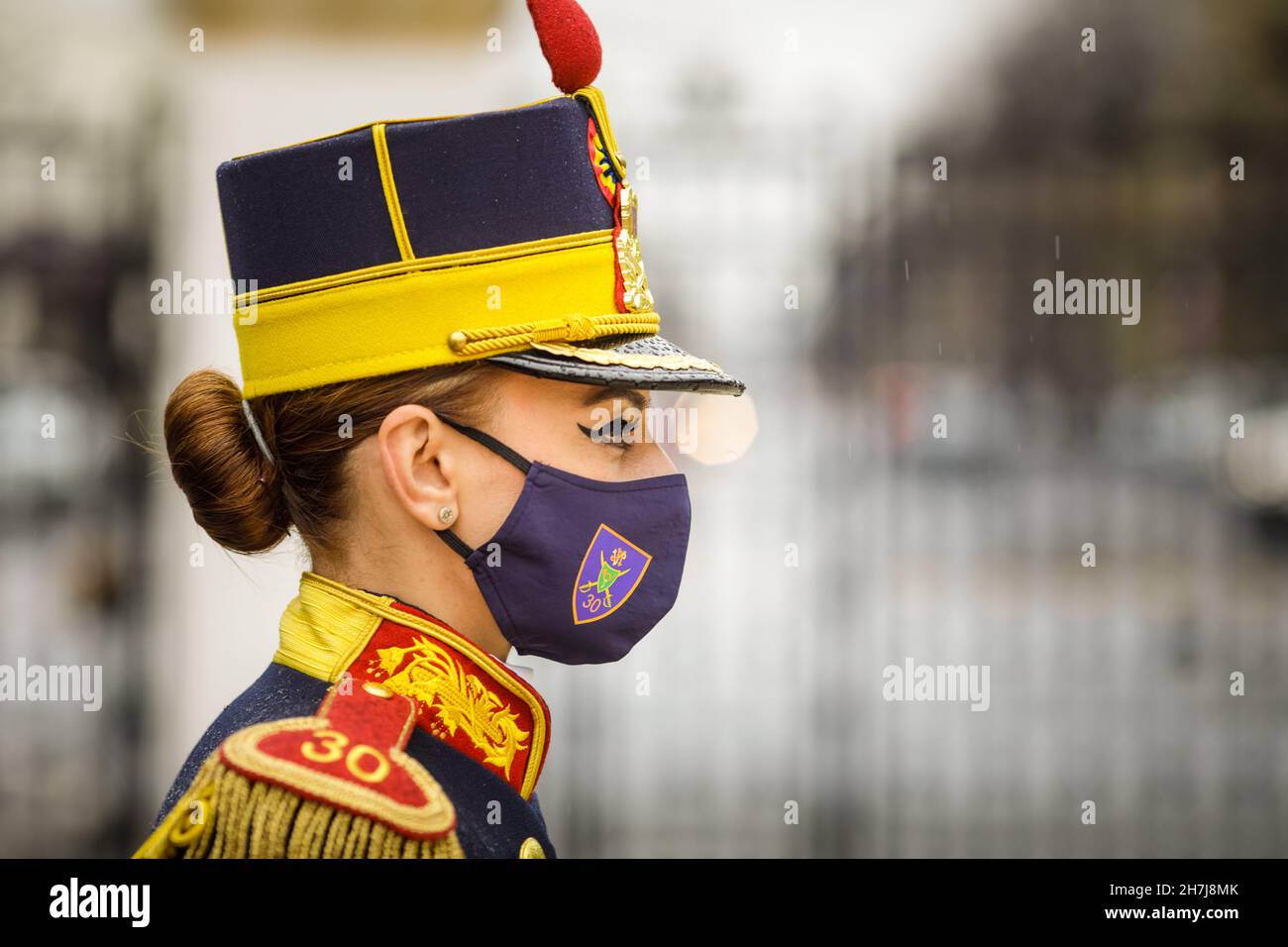 Bucharest, Romania - 23 November, 2021: Shallow depth of field (selective focus) image with Michael the Brave 30th Guards Brigade female soldier durin Stock Photo