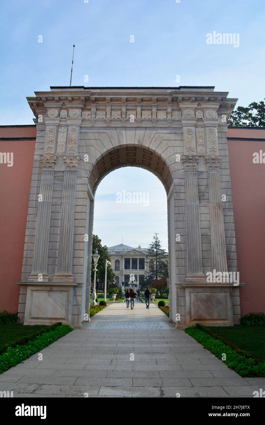Istanbul, Turkey - November 2021: Beautiful Gate leading to the courtyard garden of Dolmabahce Palace. Stock Photo