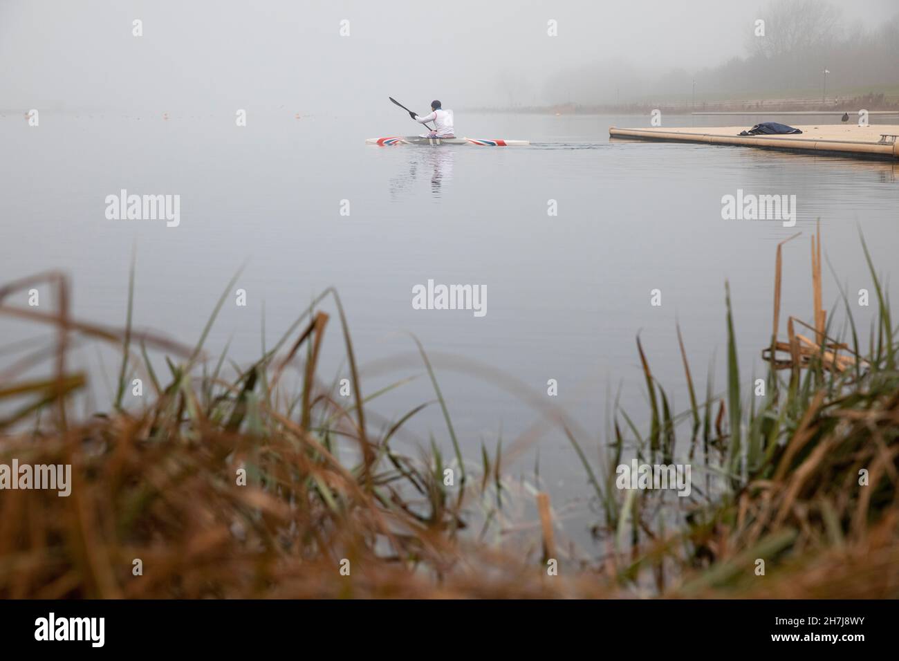 British sprint canoeist Liam Heath MBE paddling out for a morning training session at Dorney Lake on the 4th February 2021 in Buckinghamshire in the U Stock Photo
