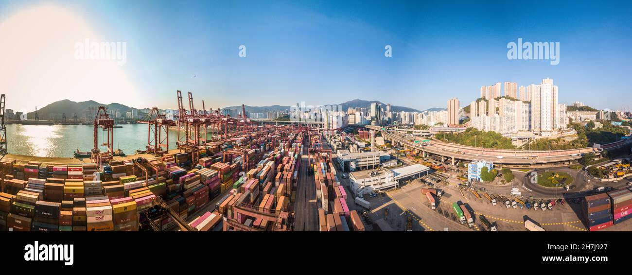 Hong Kong, China, 13 Nov 2021, The Kwai Chung Container terminal seen by a drone panorama. Stock Photo