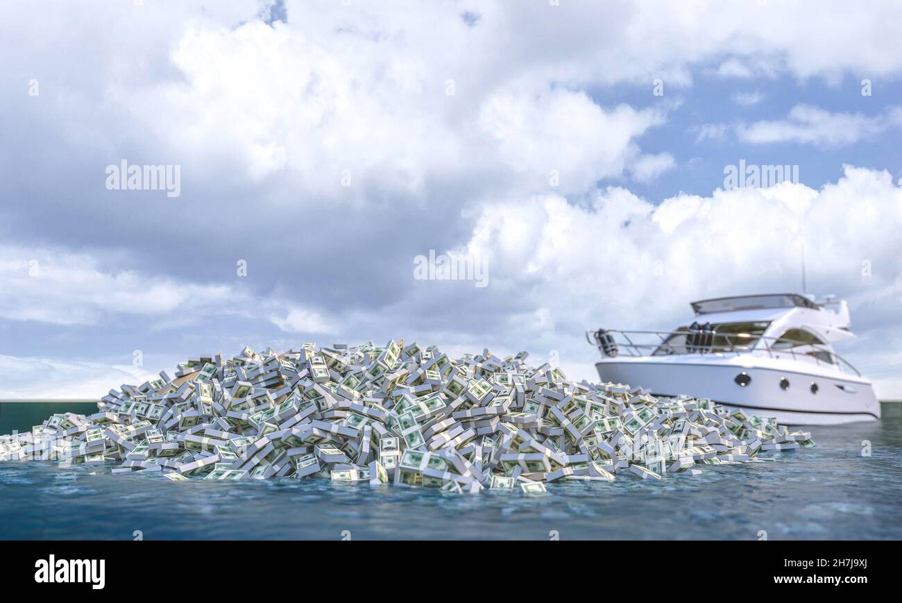ship and island made of dollars. 3d render Stock Photo