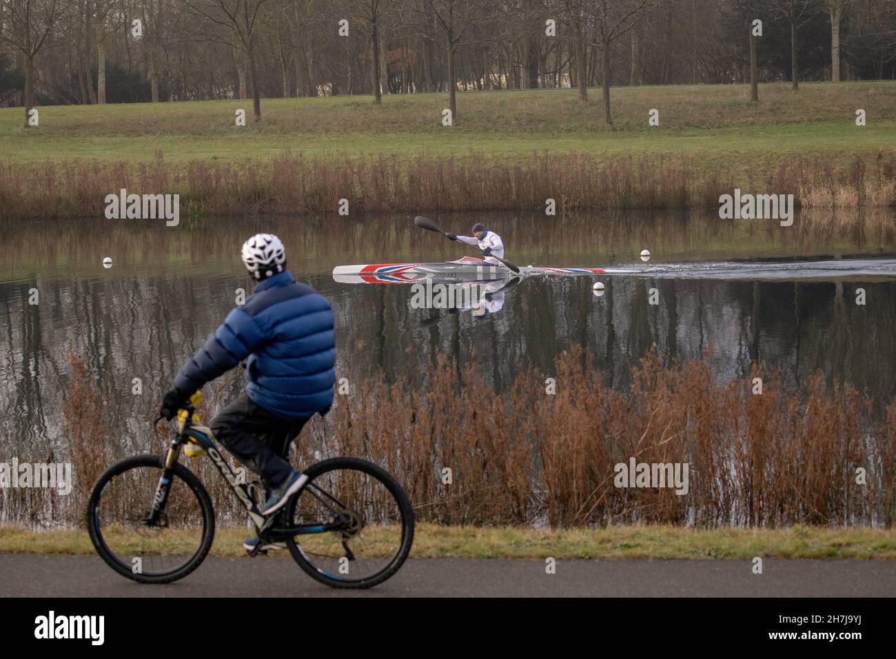 British sprint canoeist Liam Heath, MBE, with coach Eric Farrell during a morning training session at Dorney Lake on the 4th February 2021 in Buckingh Stock Photo