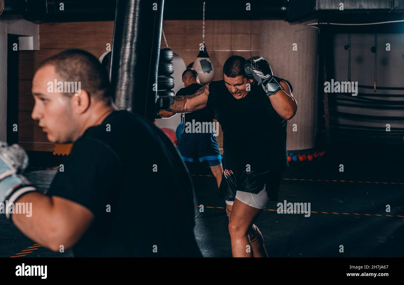 Young muscle boxer using a punching bag in gym. Boxer hitting punching