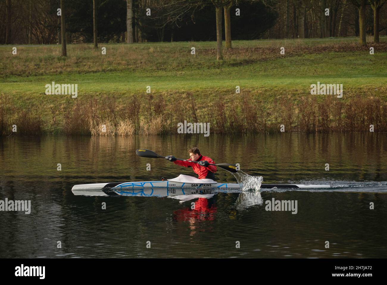 British sprint canoeist Dan Atkins during a morning training session at Dorney Lake on the 4th February 2021 in Buckinghamshire in the United Kingdom. Stock Photo