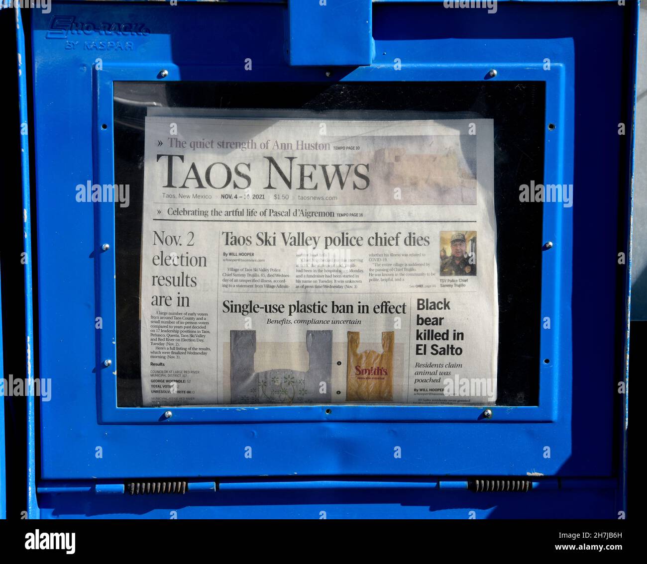 A newspaper vending machine for Taos News, the local newspaper in Taos