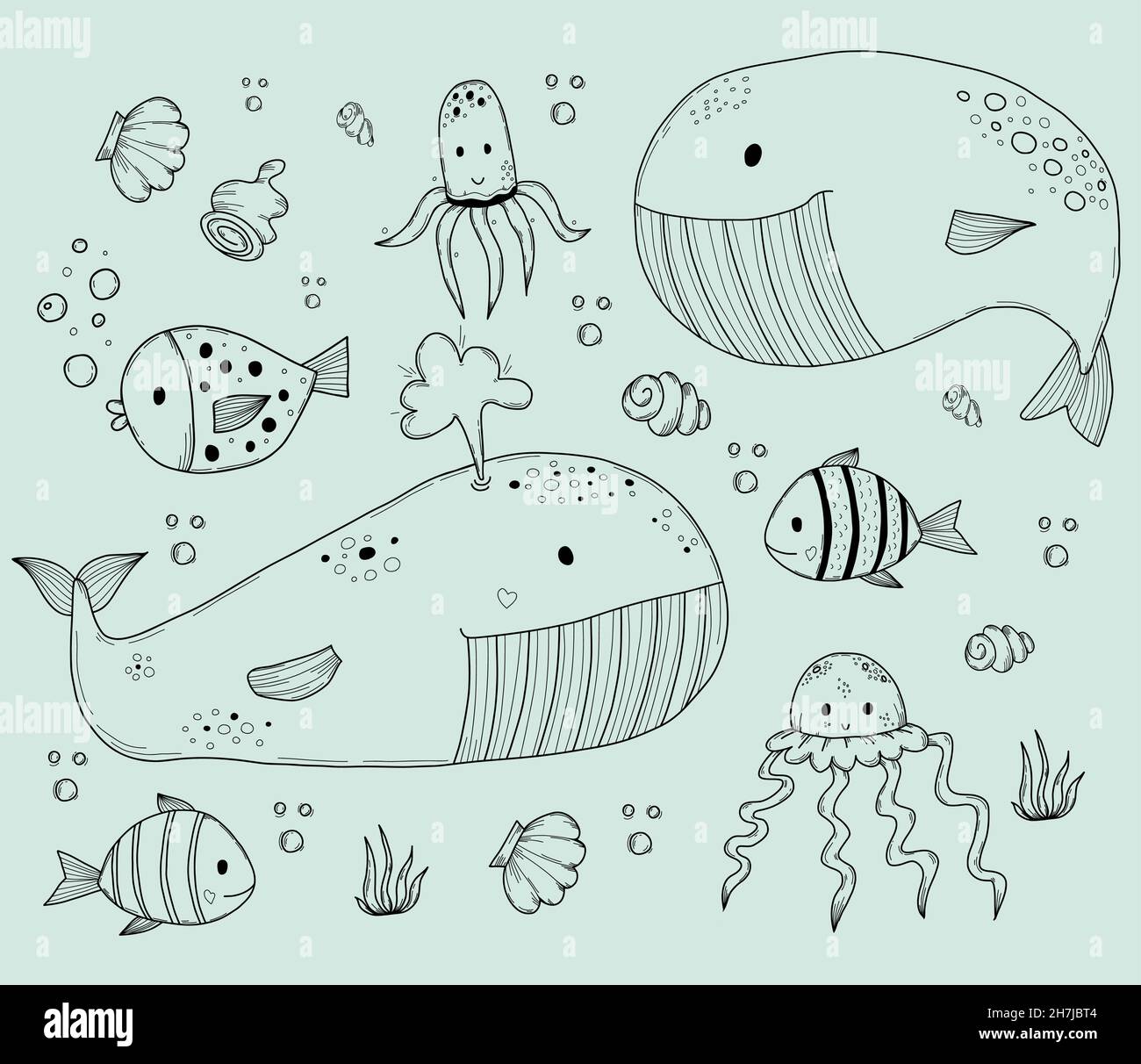 Set of sea animals. Cute big whale and sperm whale, fish, jellyfish, seaweed and shells. Vector outline illustrations, in style Hand drawing of linear Stock Vector