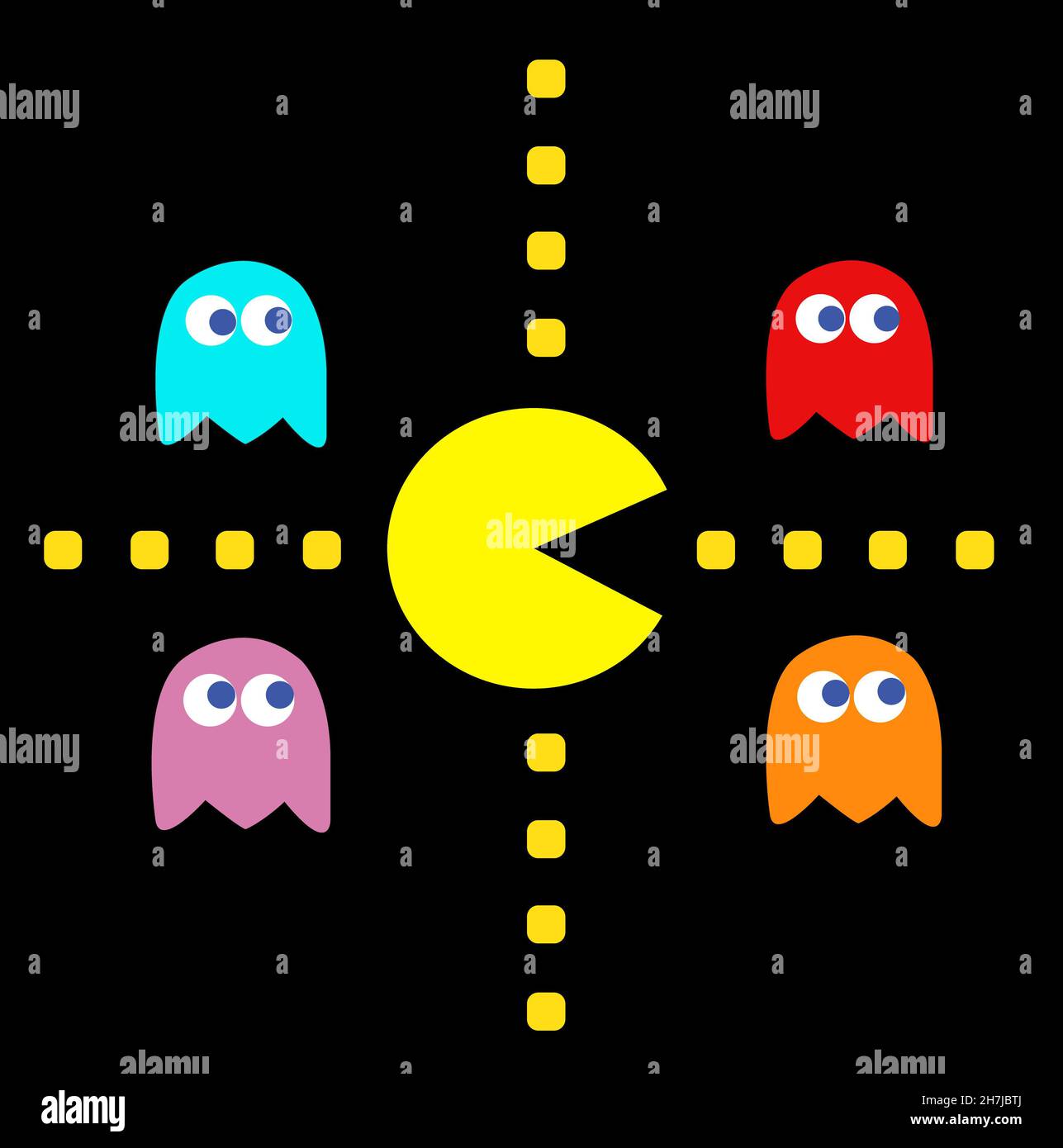 Pac-Man with his enemies game theme vector illustration. Retro computer game with Pac-Man, Pinky, Blinky, Inky and Clyde characters Stock Photo