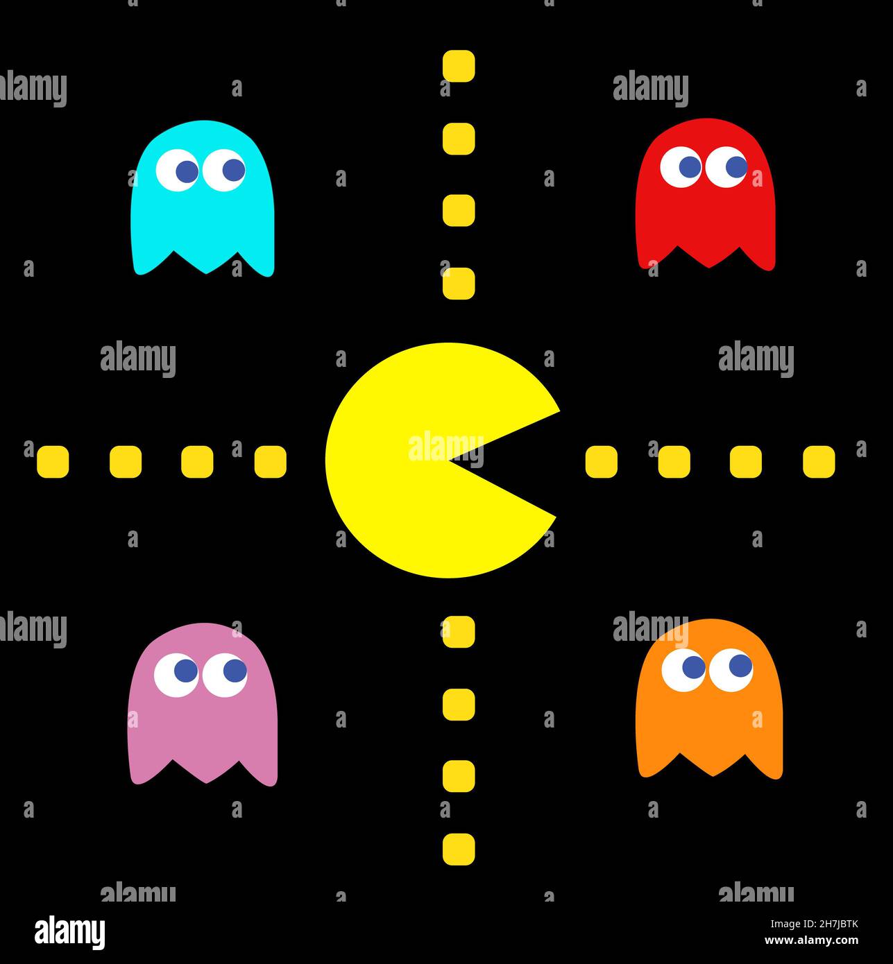 Pac-Man with his enemies vintage game theme vector illustration. Retro computer game with Pac-Man, Pinky, Blinky, Inky and Clyde characters Stock Photo