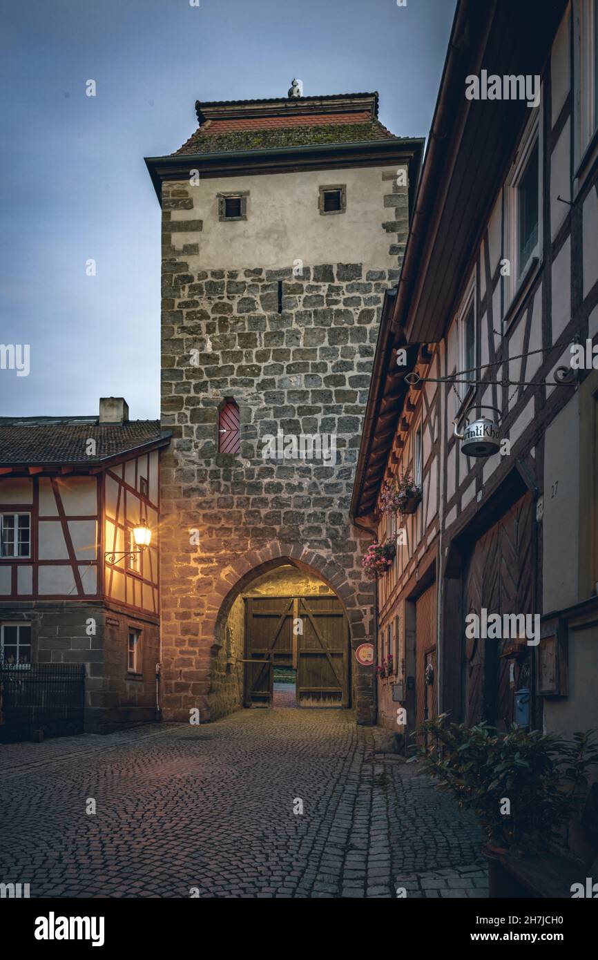 View of the Geiersberg city gate of the medieval town of Seßlach in the Upper Franconian district of Coburg Stock Photo
