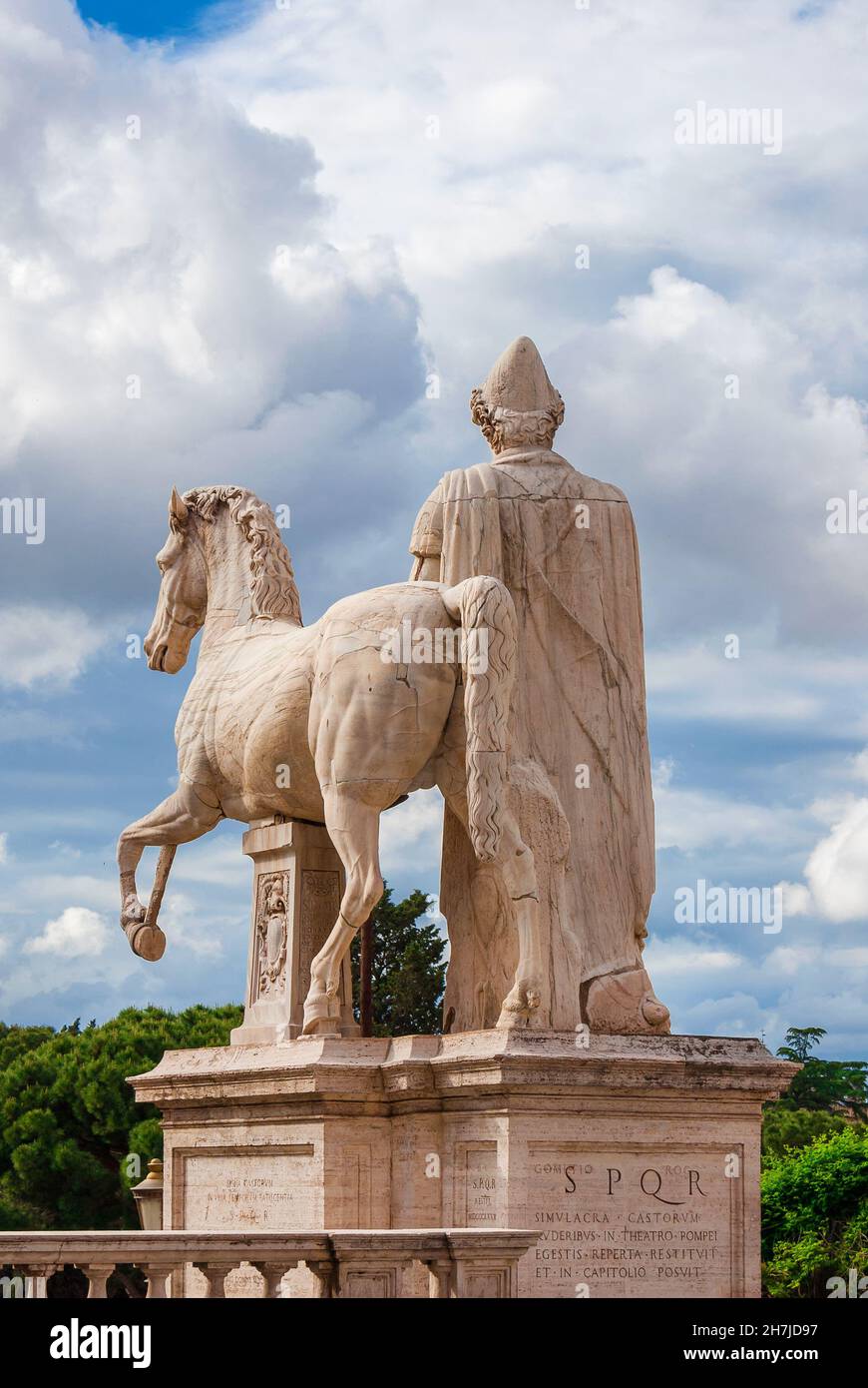 Capitoline Hill ancient roman statues of the Dioscuri in the center of Rome (1st century BC), among clouds Stock Photo