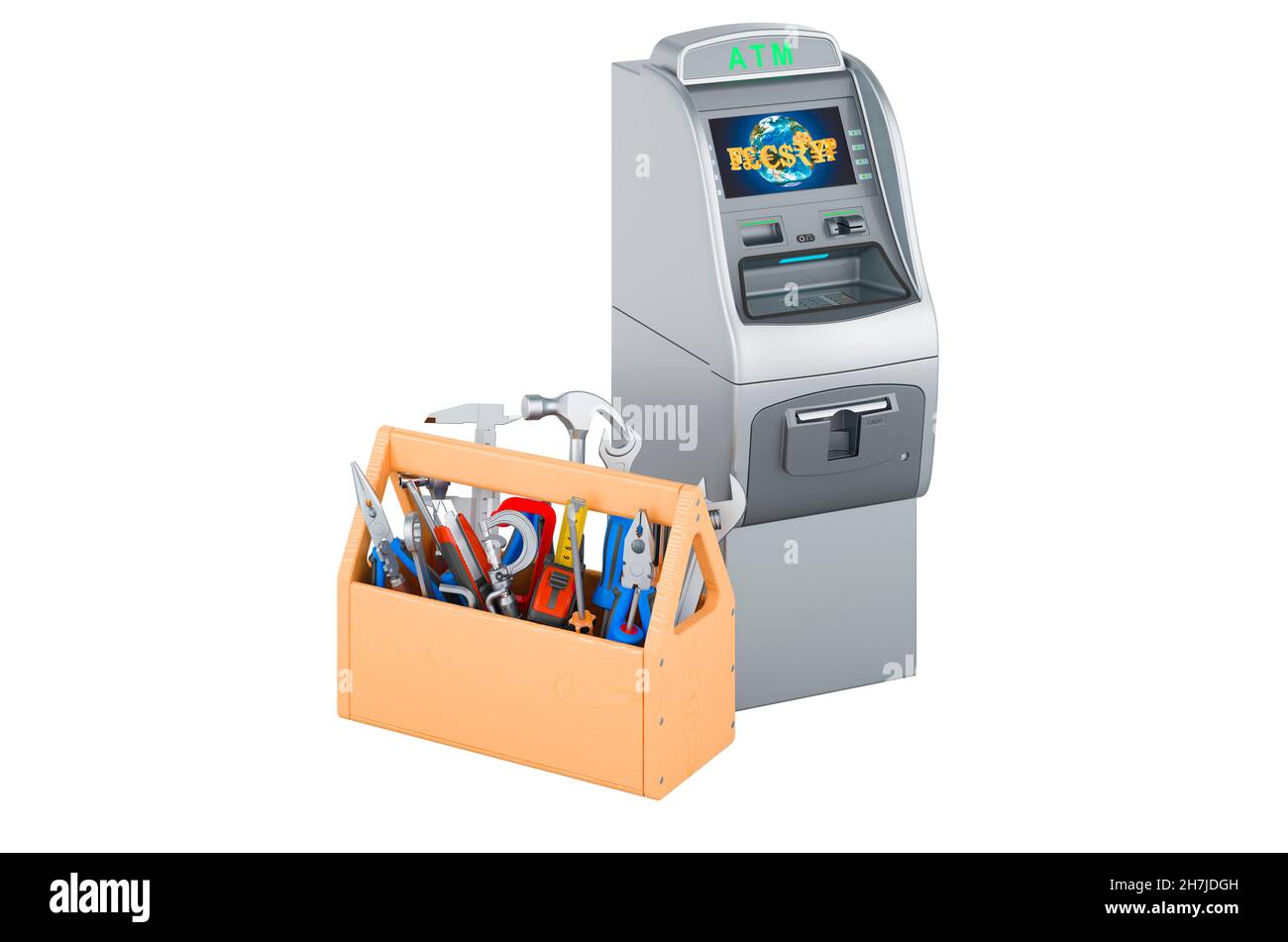Cash machine with toolbox. Service and repair of ATM machines, 3D rendering isolated on white background Stock Photo
