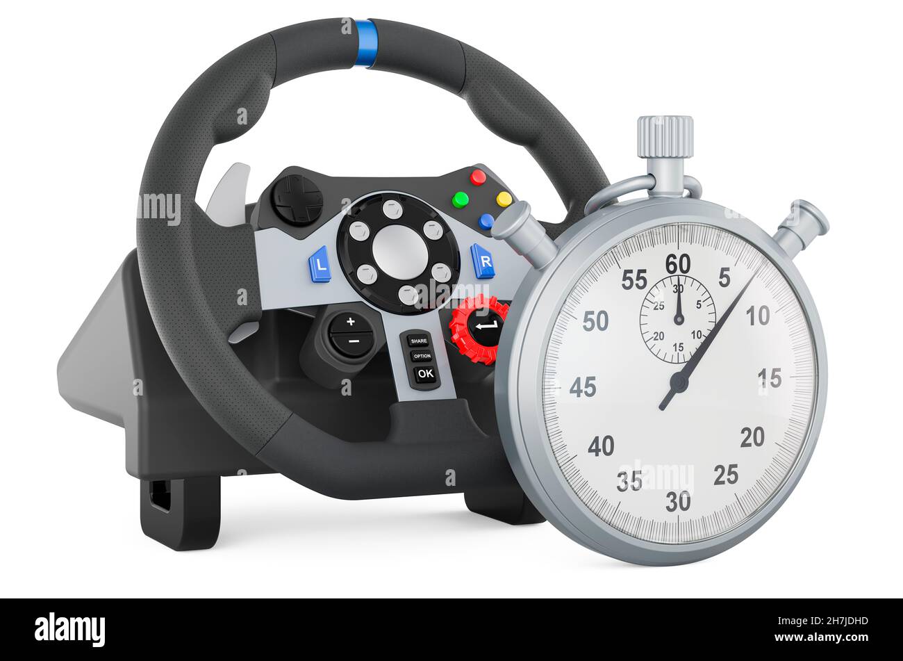 Gaming steering wheel with stopwatch, 3D rendering isolated on white ...