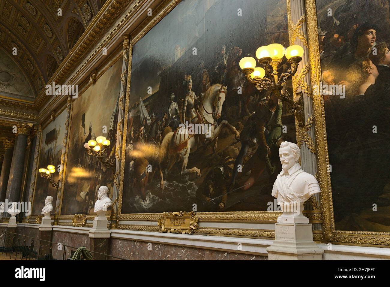 PARIS, FRANCE - Oct 01, 2019: The tourists walking around Gallery of Great Battles in Palace of Versailles at Paris, France Stock Photo