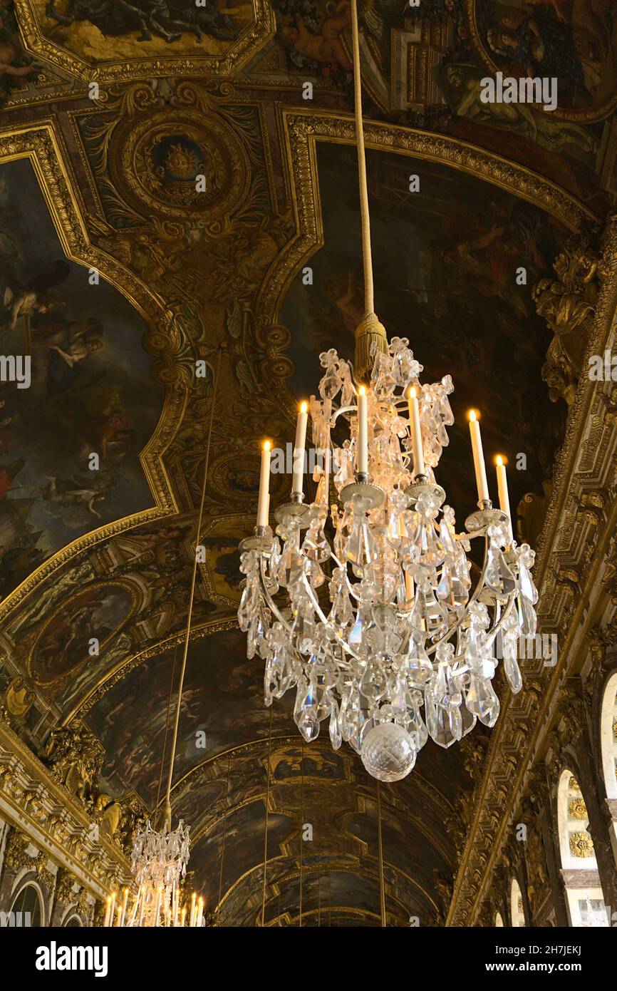 PARIS, FRANCE - Oct 01, 2019: A low angle shot of chandeliers on the ceilings in Palace of Versailles, Paris, France Stock Photo
