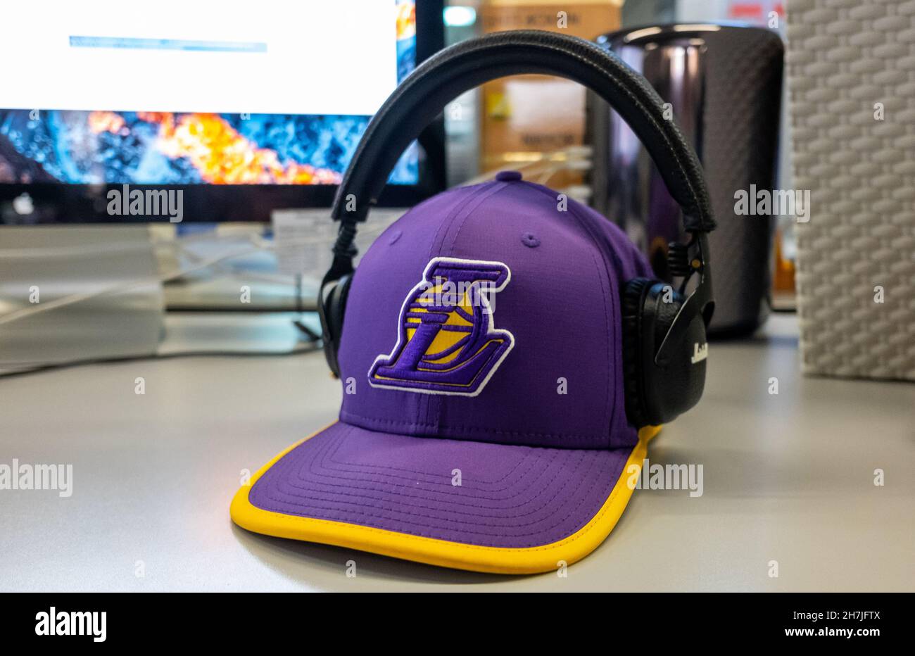 September 9, 2021 Moscow, Russia. Cap with Los Angeles Lakers basketball team logo. Stock Photo